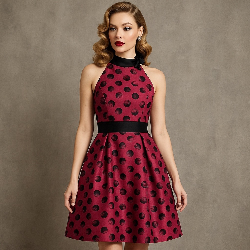 Theia Size 6 Pink Black Polka Dot Cocktail Dress Halter Neck‎ Fit & Flare